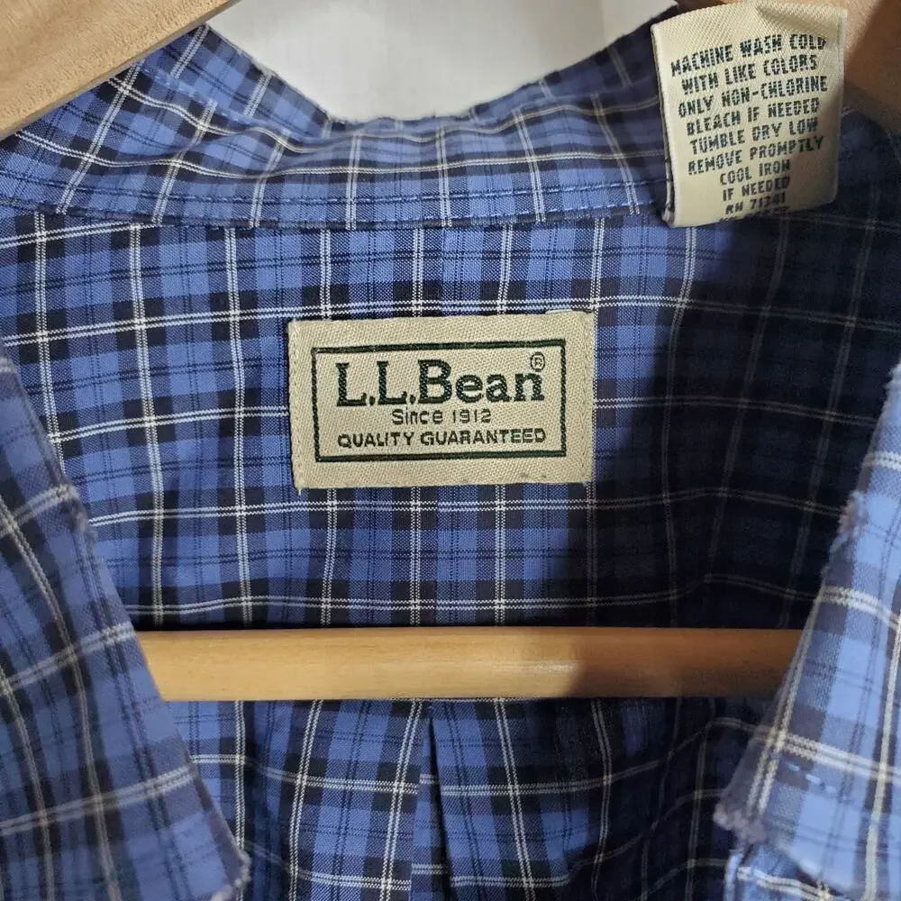 LL Bean Mens Blue Plaid Button Down Lg Tall